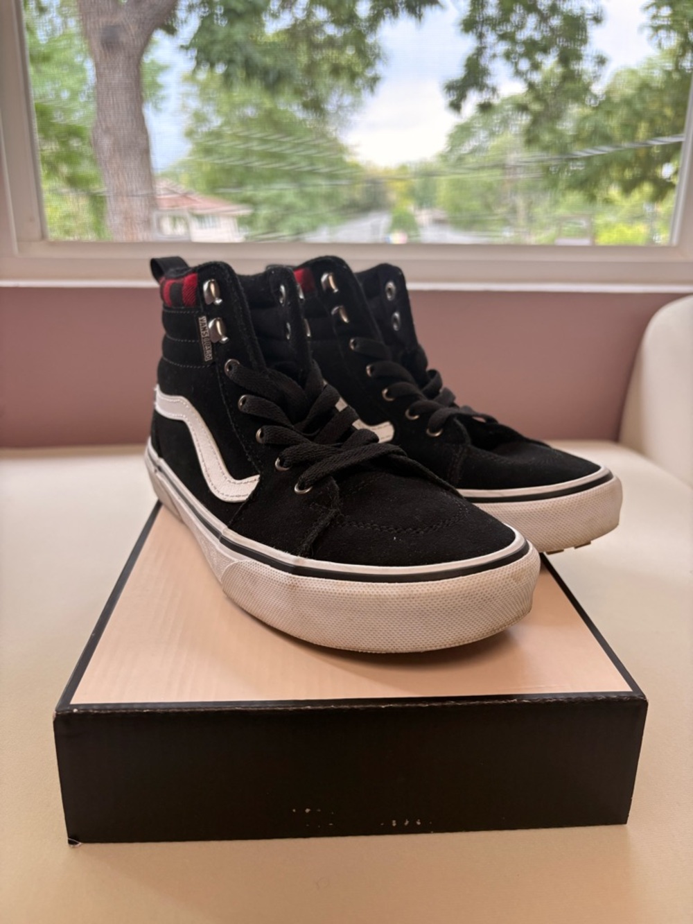 Vans Black and White High-Top Skate Sneakers with Red checker accent